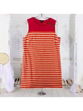 Lands End XL Nautical Stripe Sleeveless Striped Dress Red  Orange Cotton Blend C